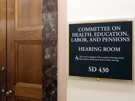 Sign at the entrance to the Senate Health Education Labor and Pensions Committee room in Washington DC
